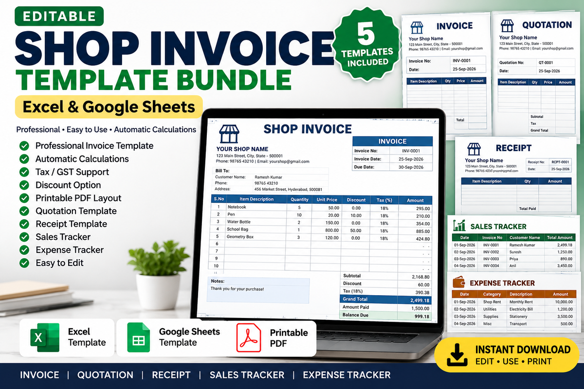 Shop Invoice Excel Template – Professional Invoice & Sales Tracker