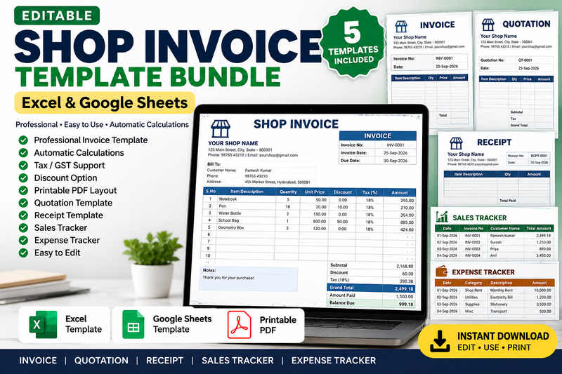 Shop Invoice Excel Template – Professional Invoice & Sales Tracker